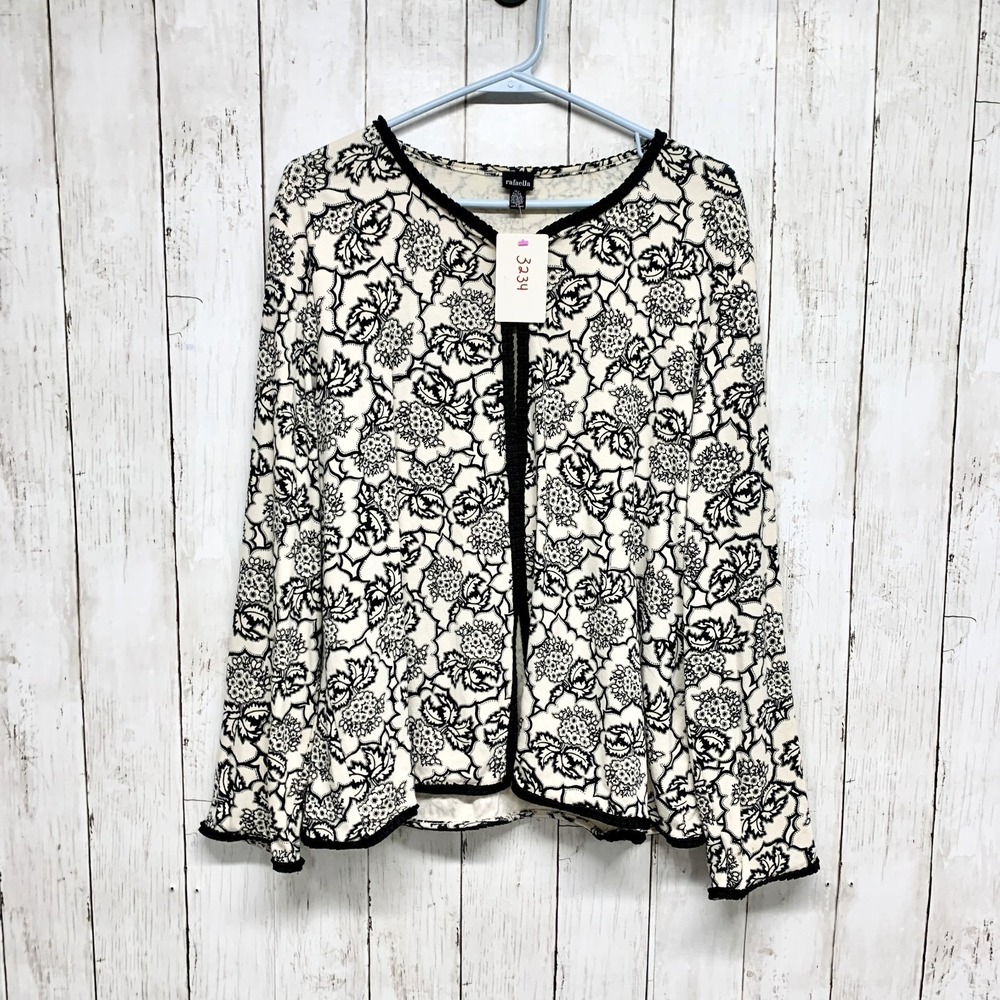 Rafaella Cardigan Women XL White Black Floral Open Front Long Sleeve Knit Top